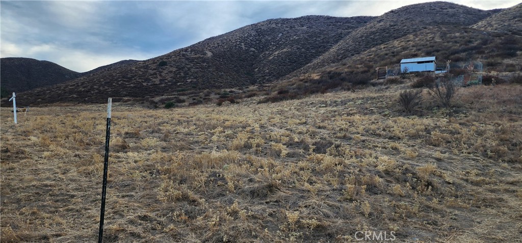 a view of a dry field with mountains in the background