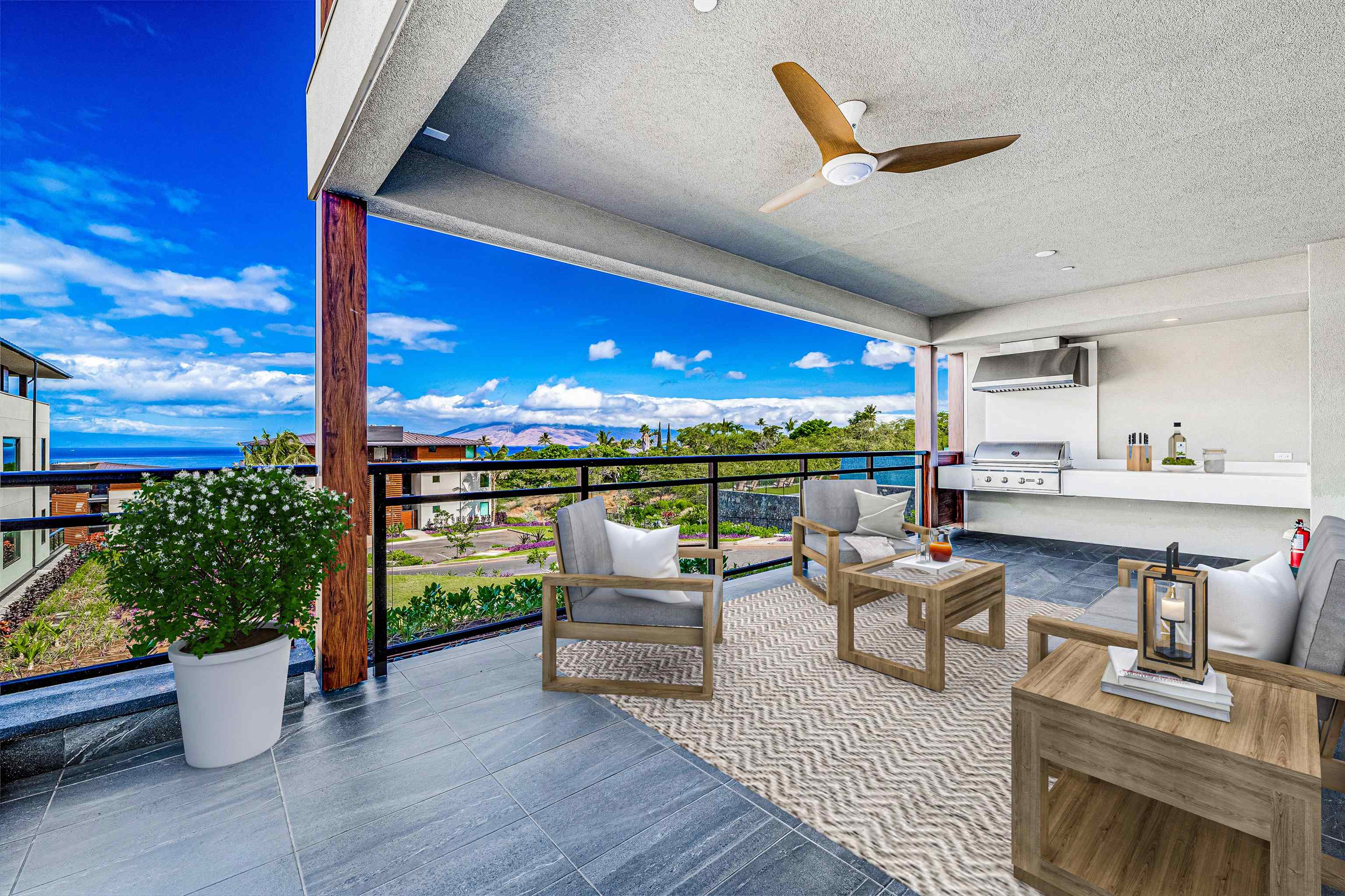 a living room with patio furniture and a floor to ceiling window