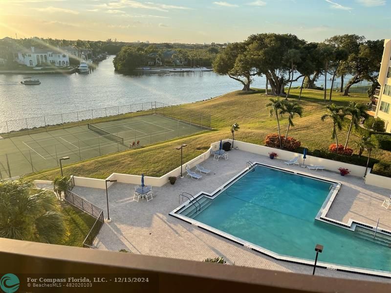 a view of a lake with a outdoor space