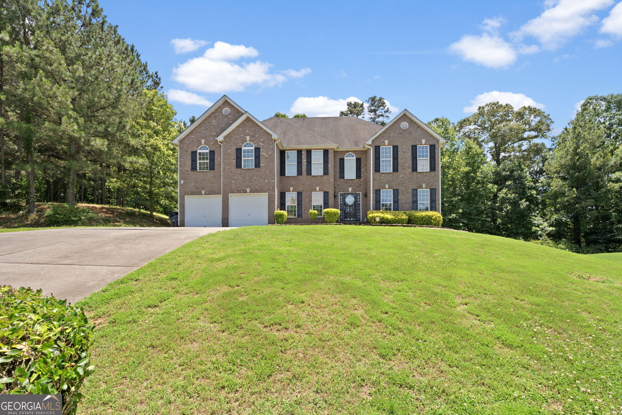 a front view of a house with yard and green space