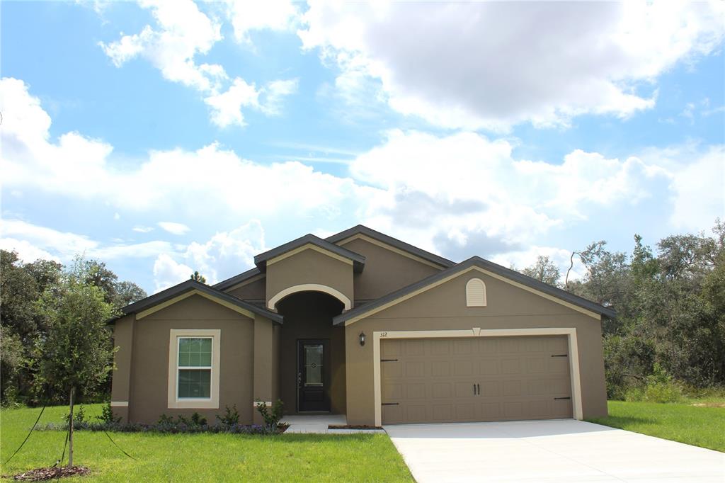 a front view of a house with yard and green space