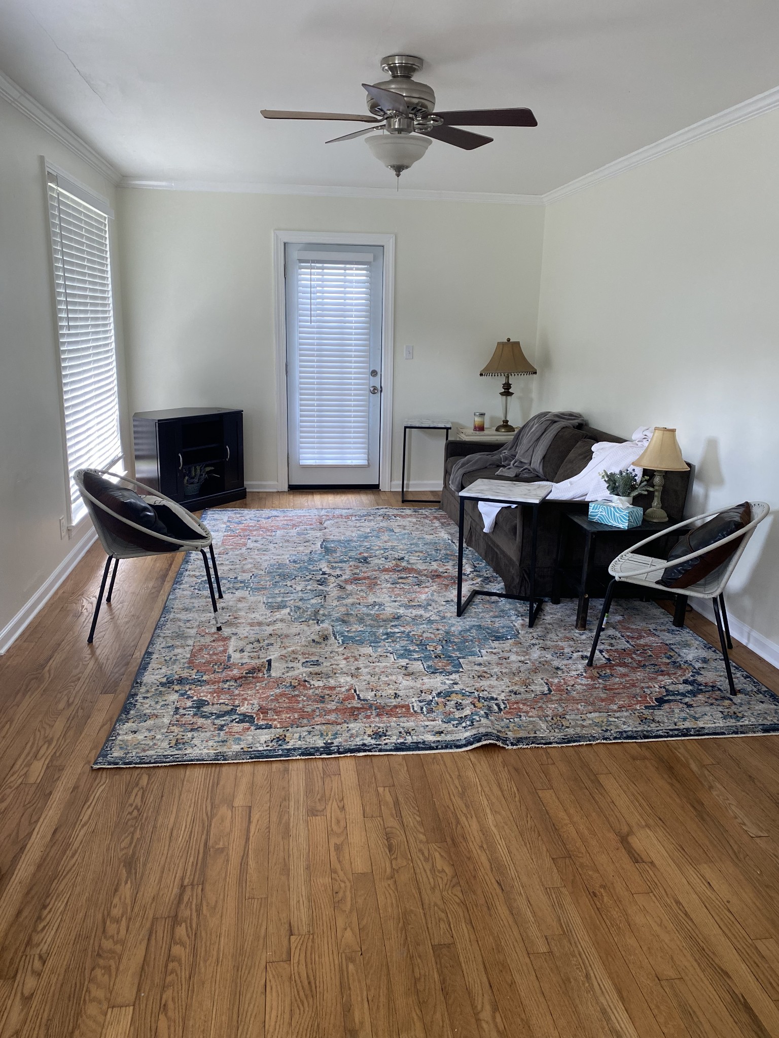 a living room with a couch and a coffee table