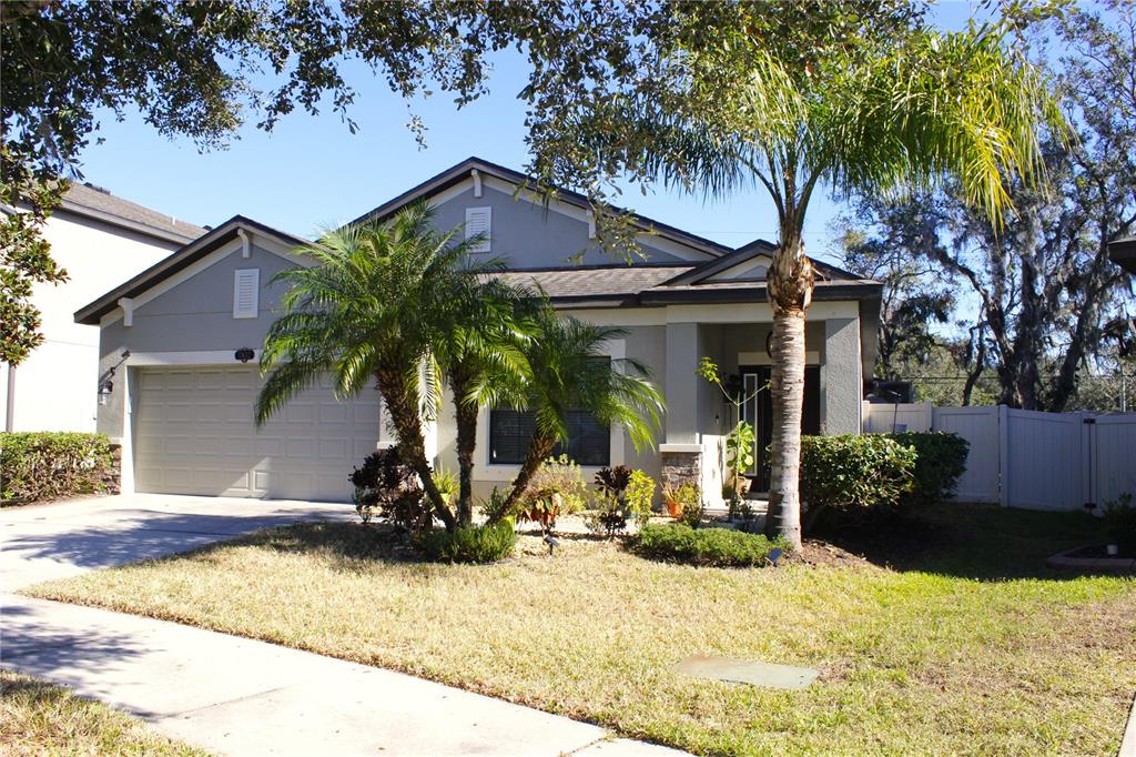 a view of a house with small yard and palm trees