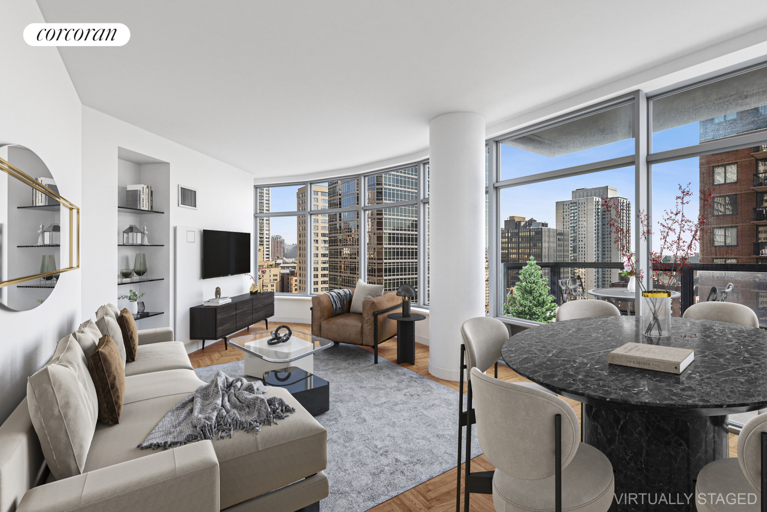 a living room with furniture a flat screen tv and a large window