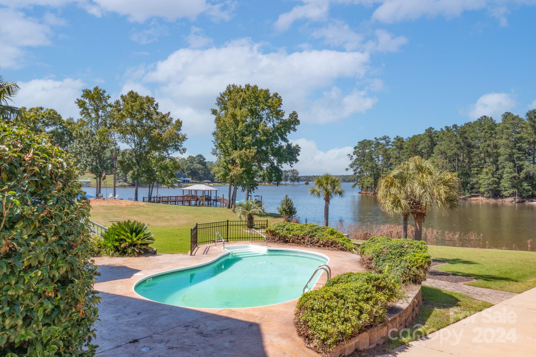 a view of a swimming pool with a patio and a yard