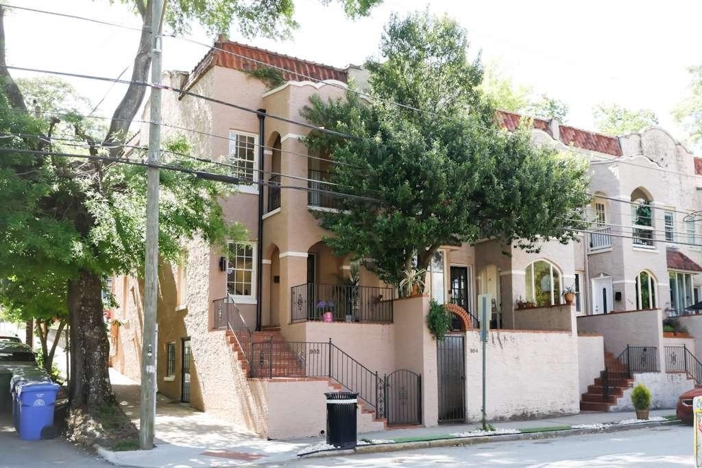 a front view of a building with street view