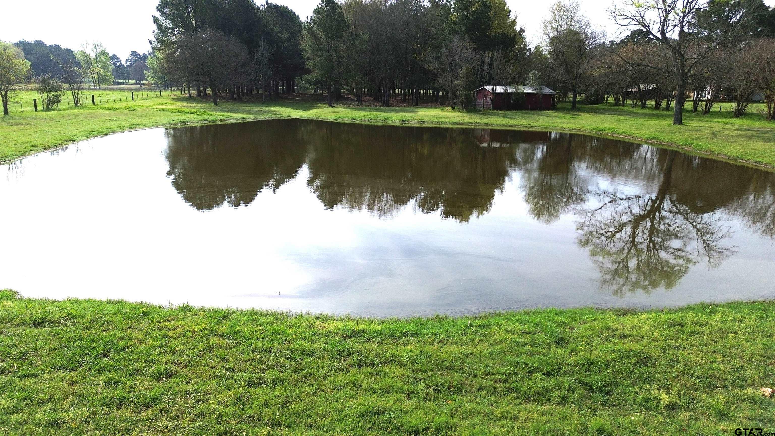 a view of a lake with a yard and trees