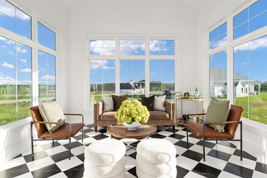 a living room with furniture and a floor to ceiling window