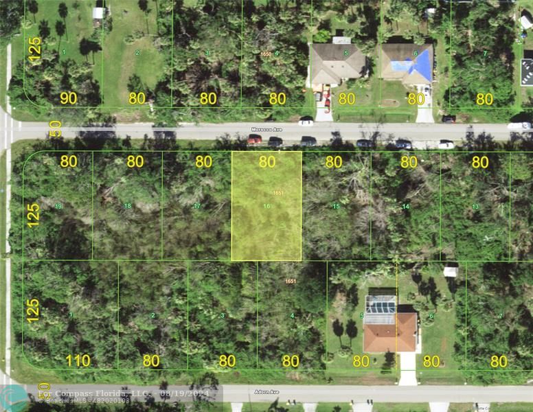 an aerial view of residential houses with outdoor space and trees