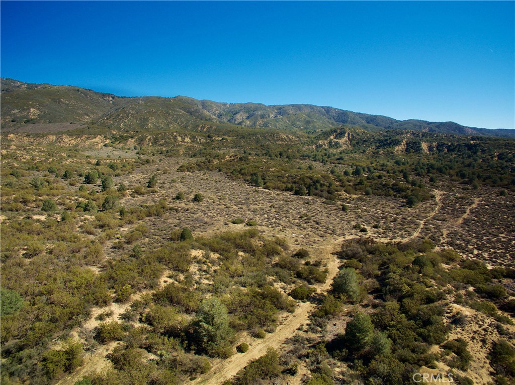 a view of a field with mountains in the background