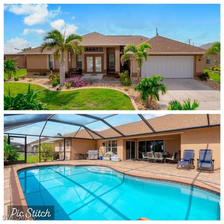 a view of a house with swimming pool and sitting area