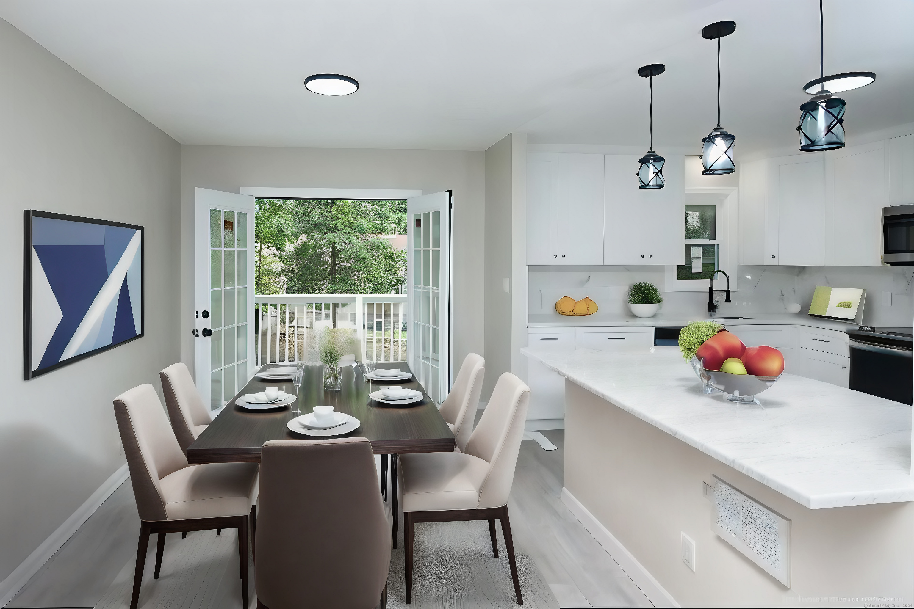 a view of a dining room with furniture window and outside view