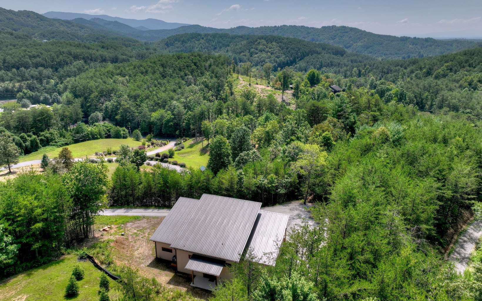 an aerial view of a house with pool trees in the background