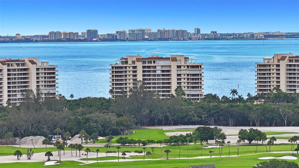 a view of a city with tall buildings and a big yard