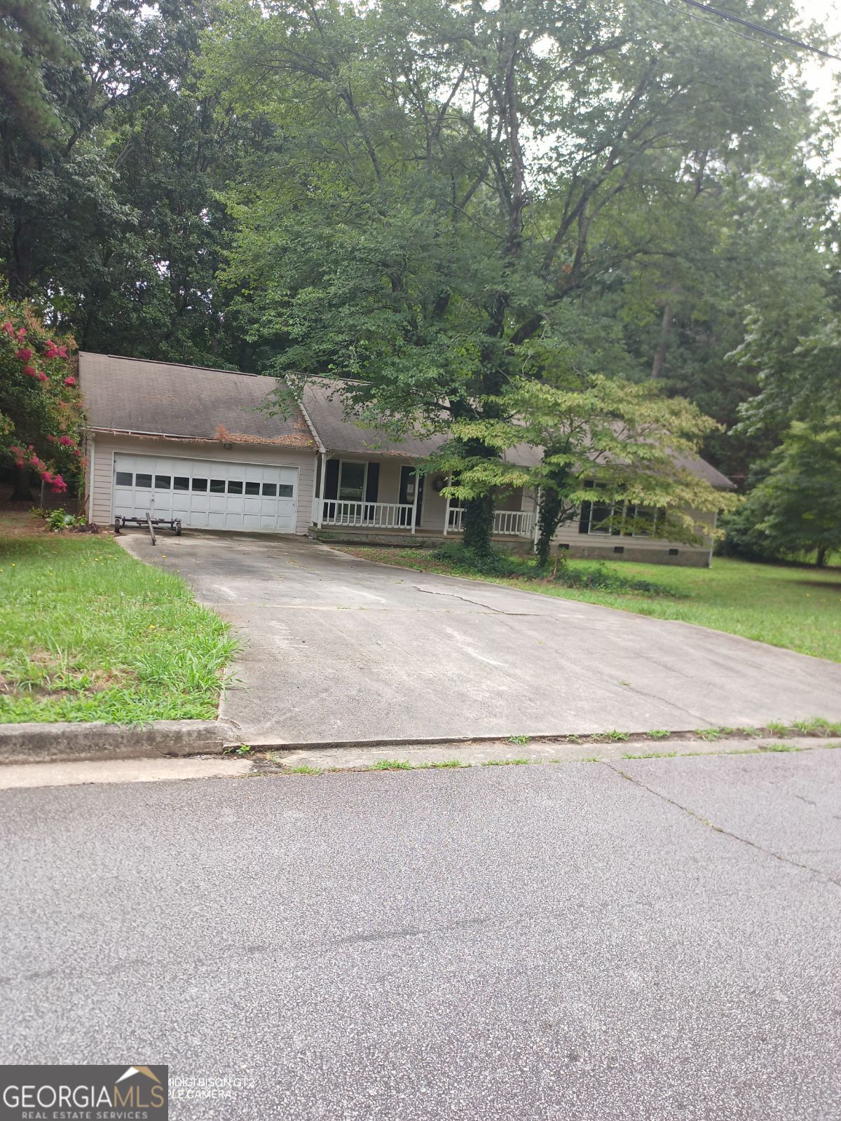 front view of house with a yard and trees all around