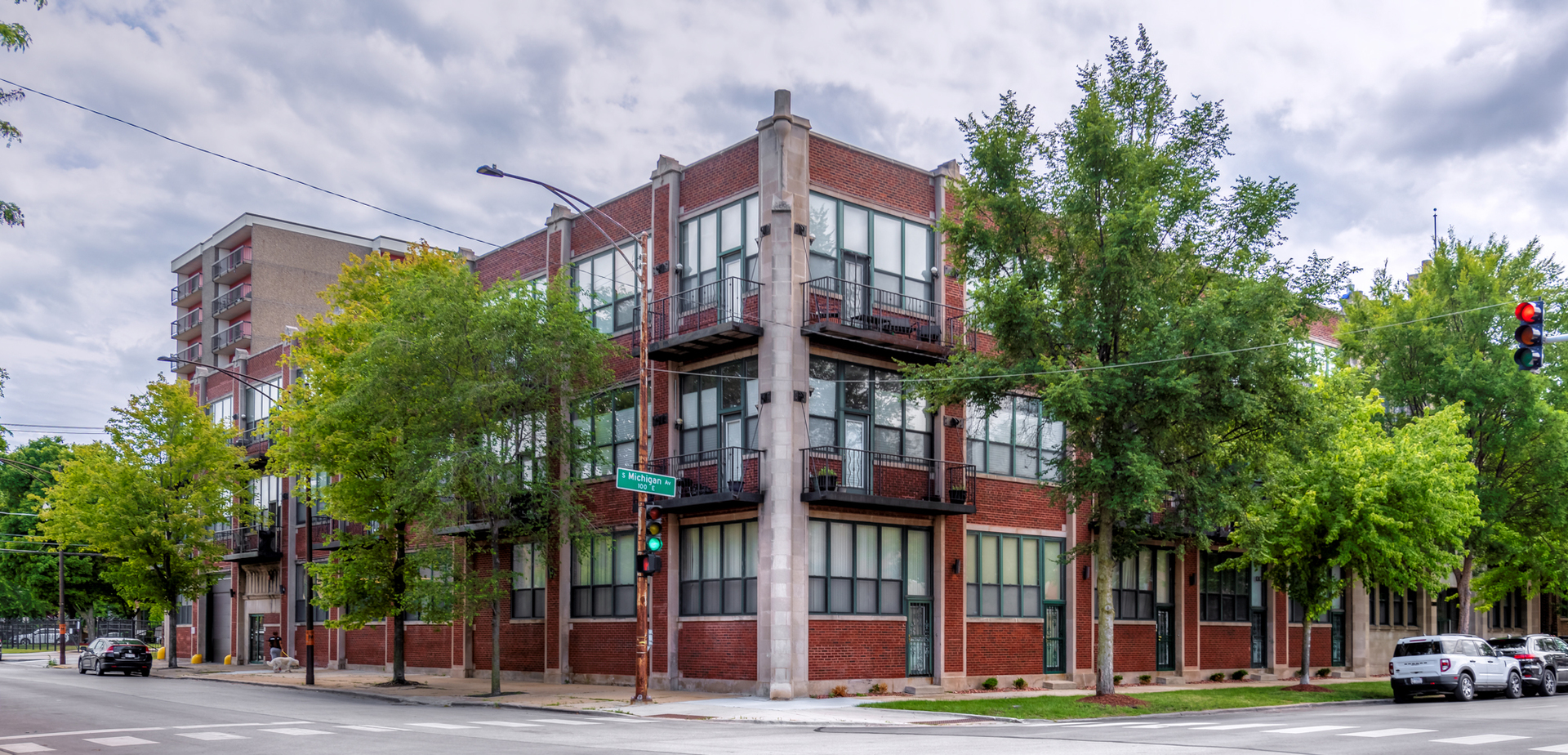 a view of a building with a street