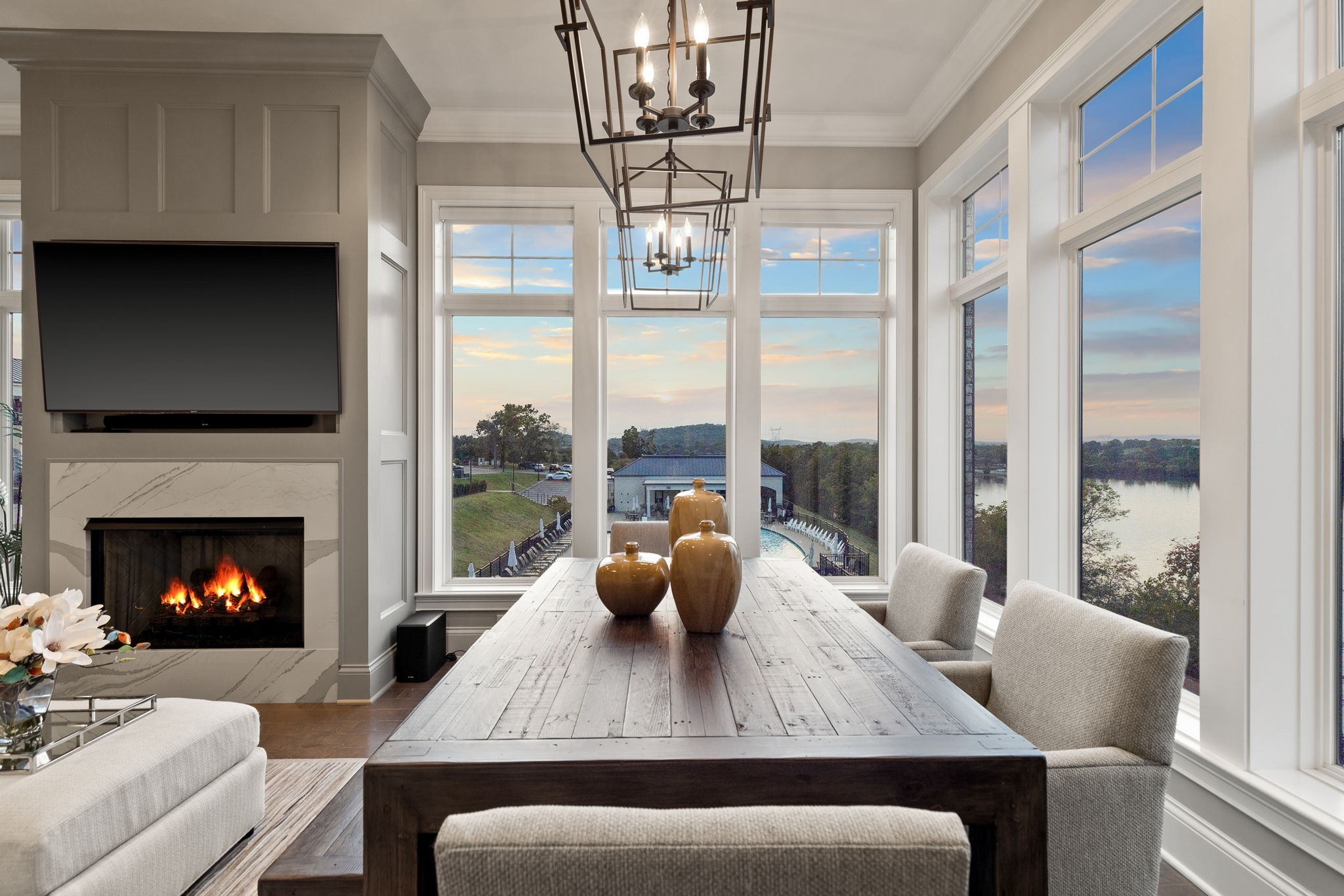 a view of a dining room with furniture window and outside view