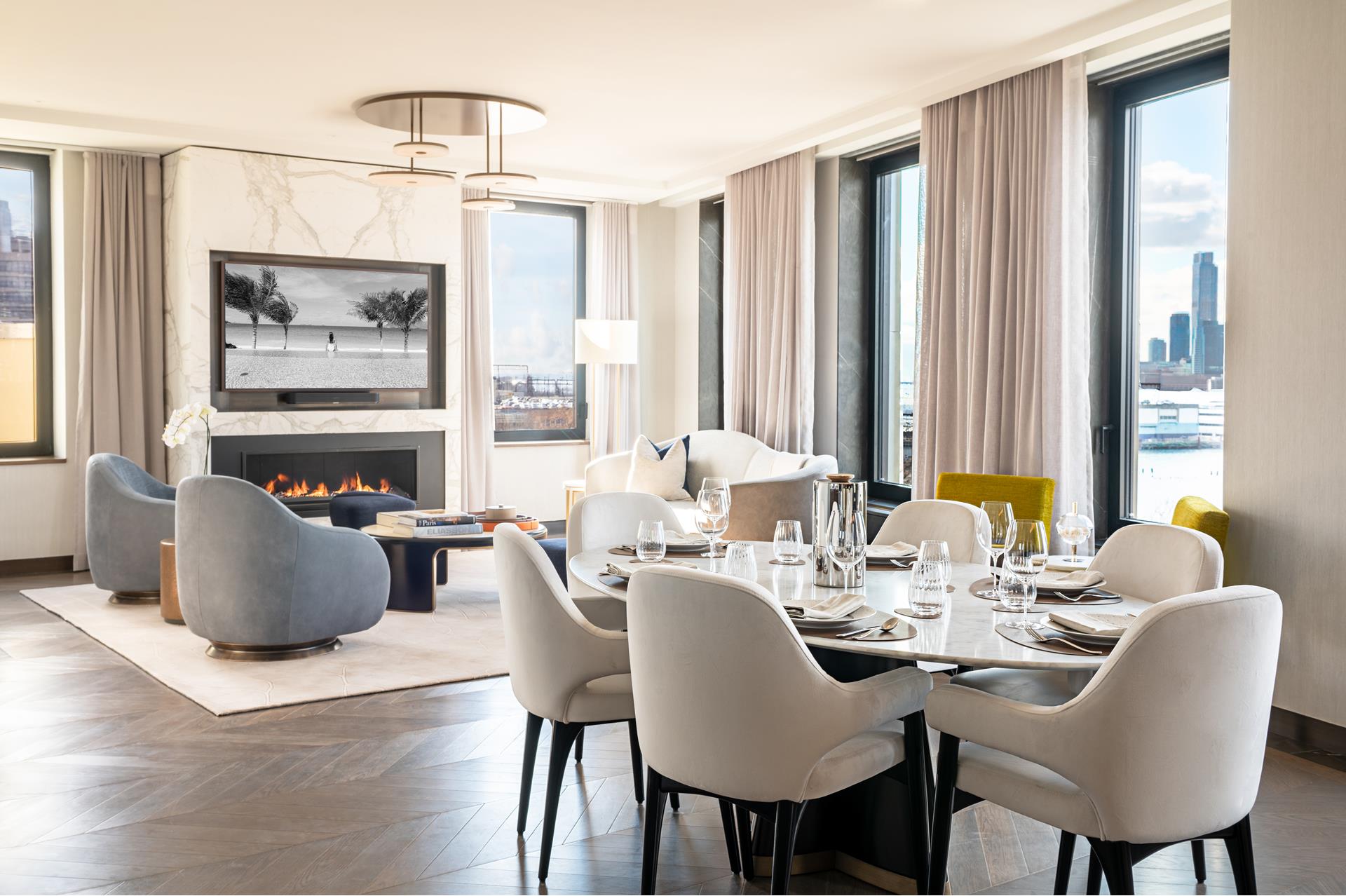 a view of a dining room with furniture window and outside view