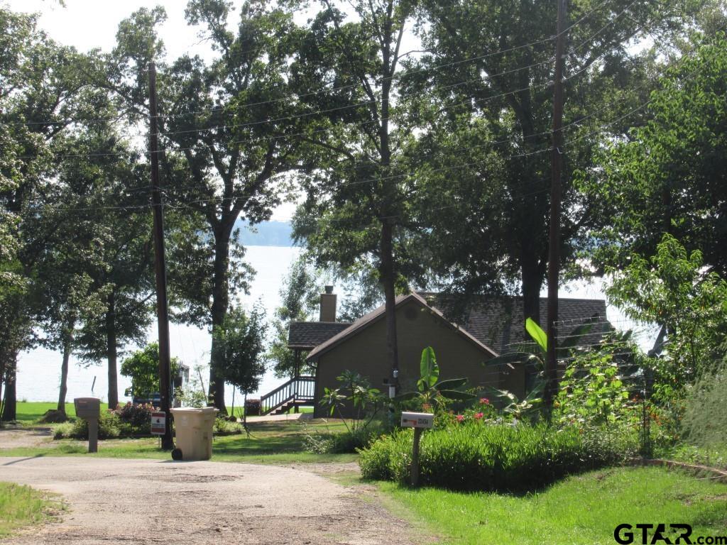 a aerial view of a house with a yard and large trees