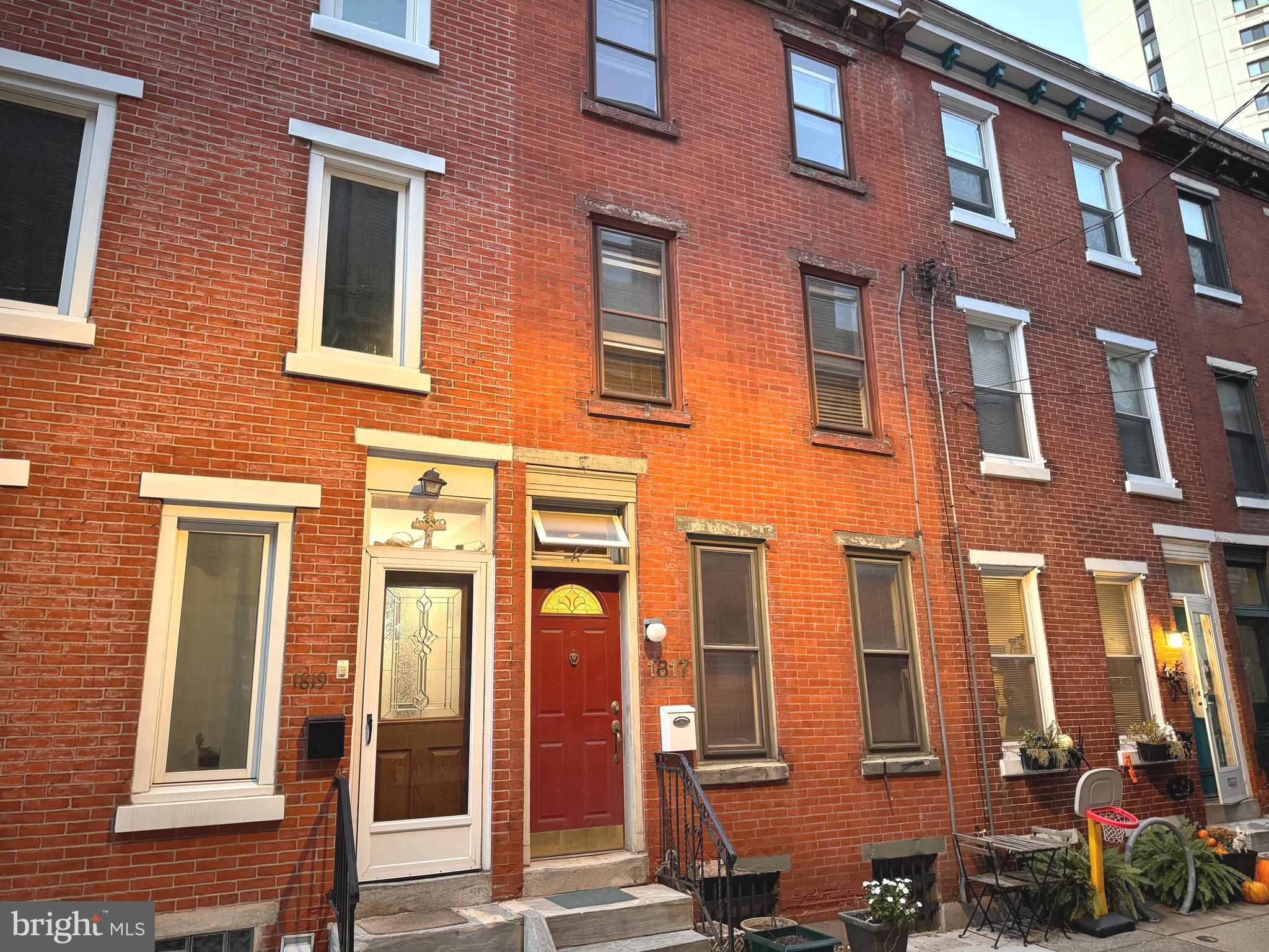 a front view of a brick building