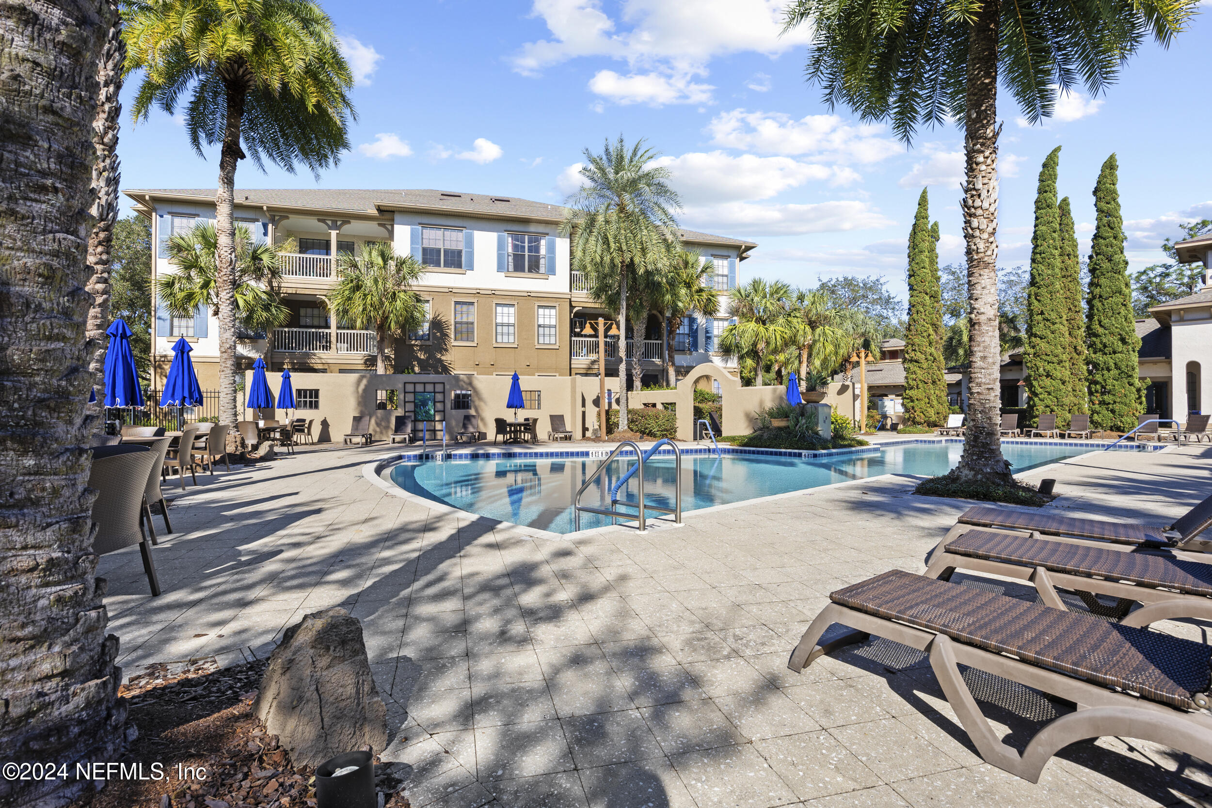 a view of a swimming pool with a lawn chairs and palm chairs