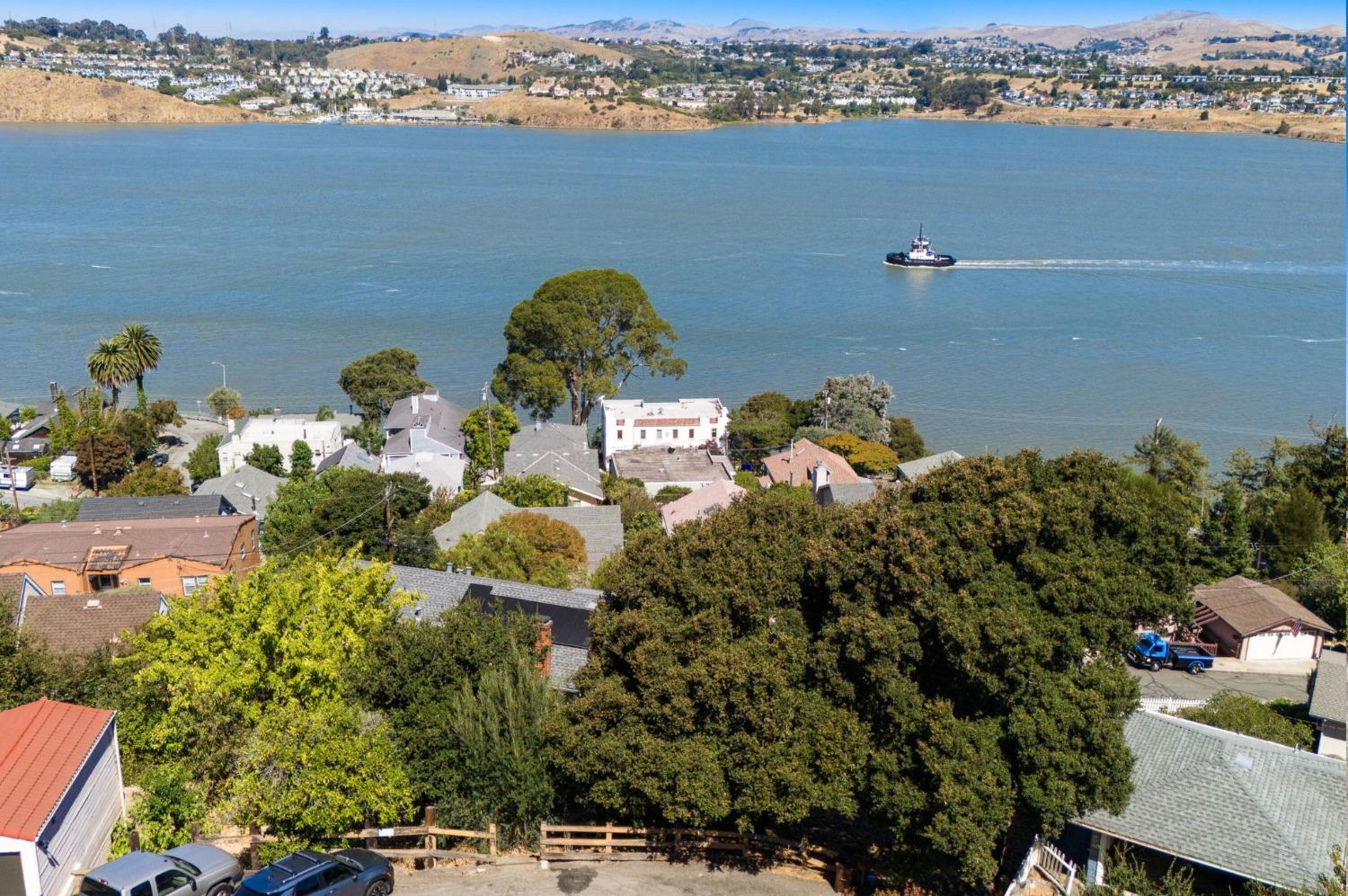 an aerial view of a houses with outdoor space and ocean view