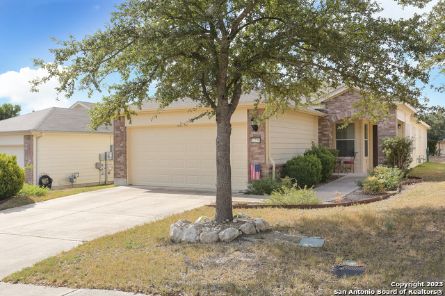 a front view of a house with a yard and tree