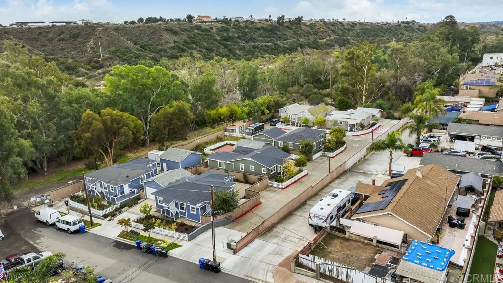 an aerial view of a house with a garden