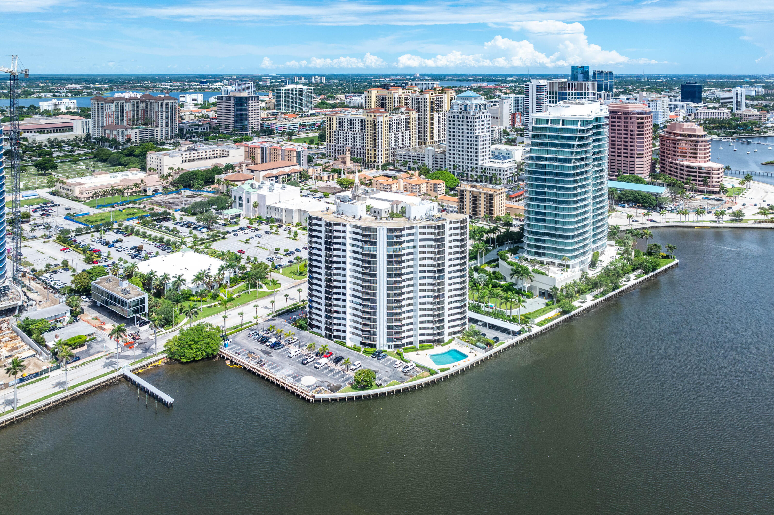 a view of a city and tall buildings