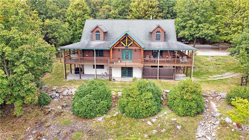 a aerial view of a house with a yard and potted plants