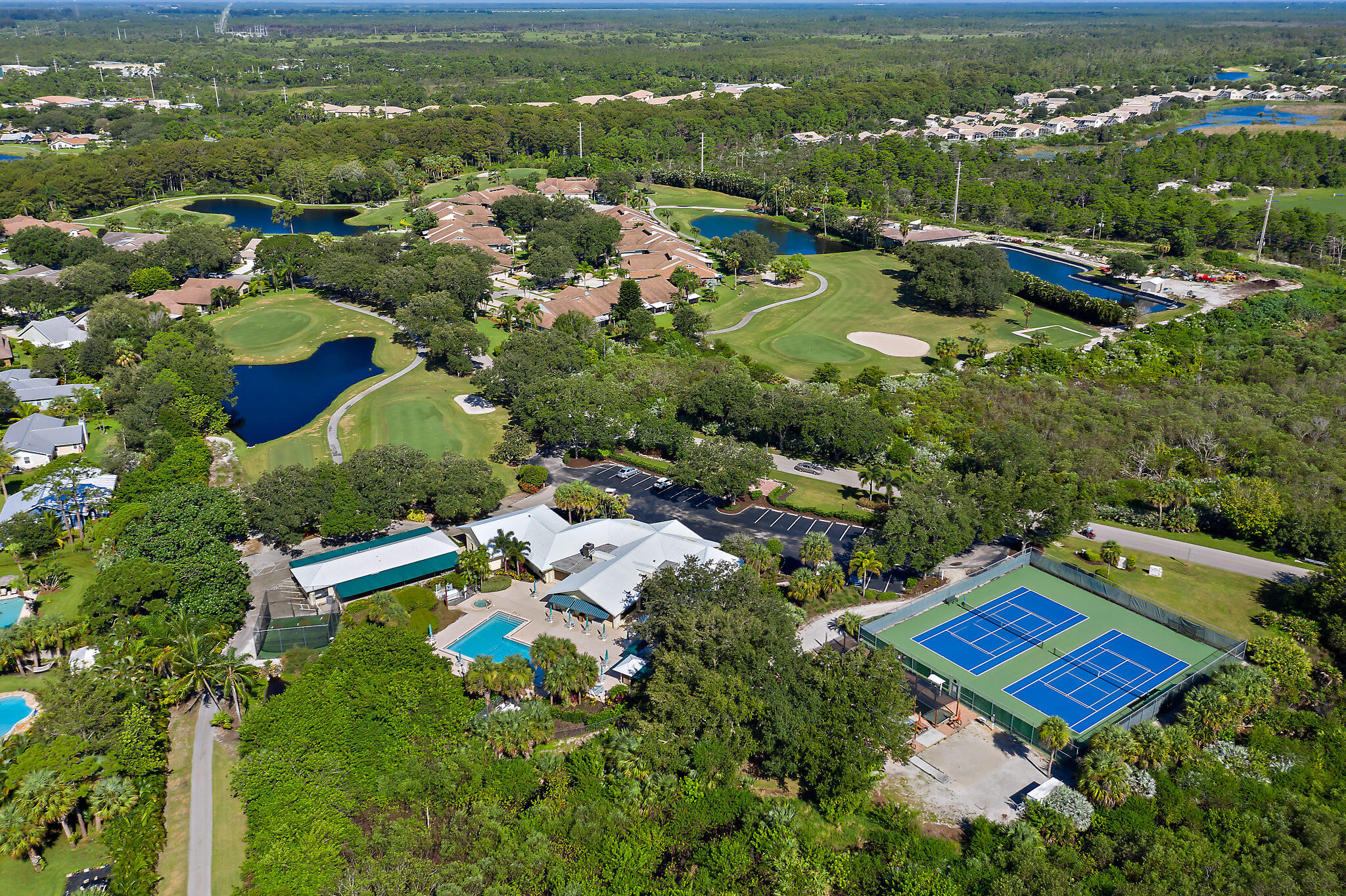 an aerial view of residential houses with outdoor space and swimming pool