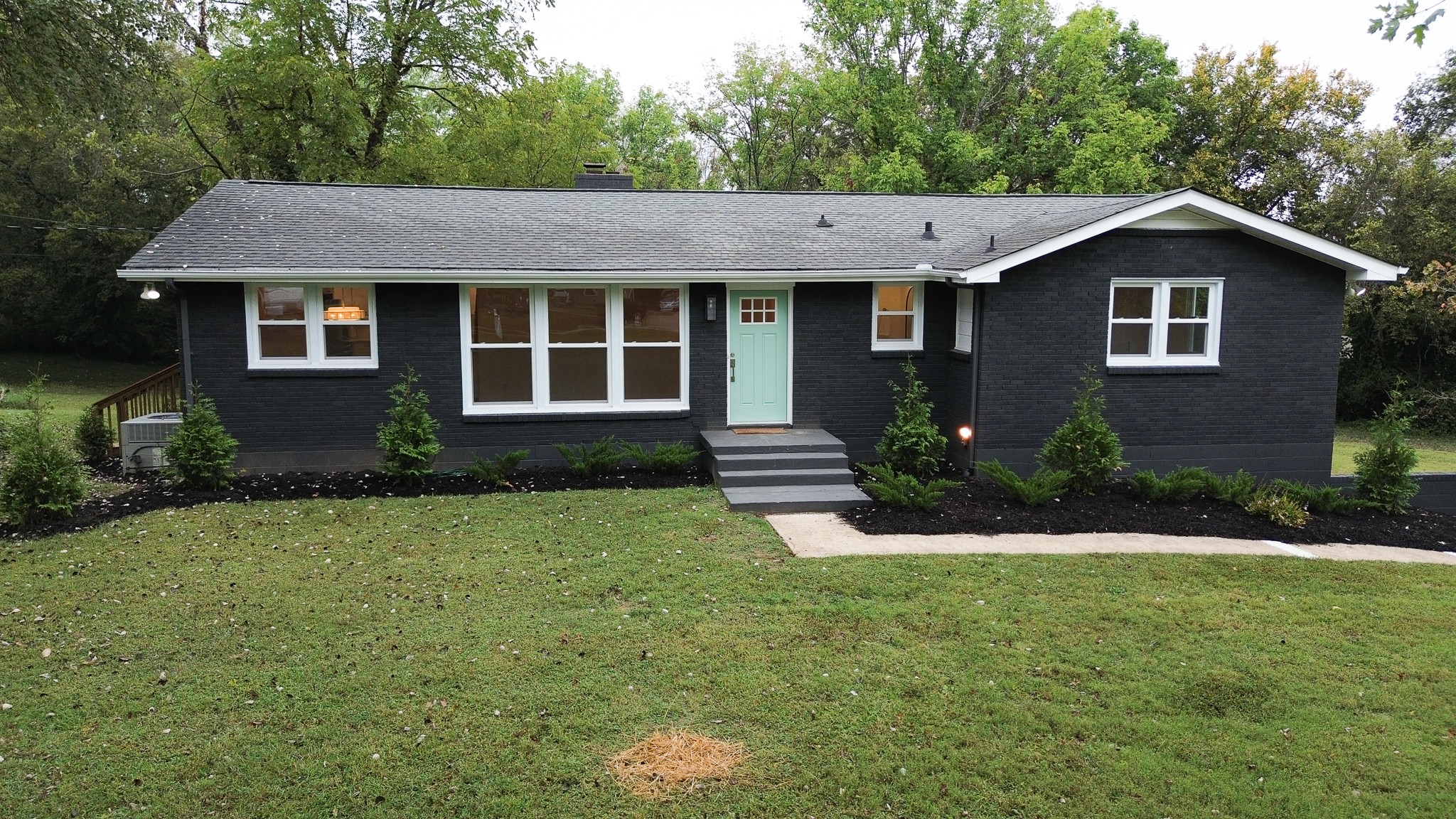 a view of a house with a yard plants and large tree