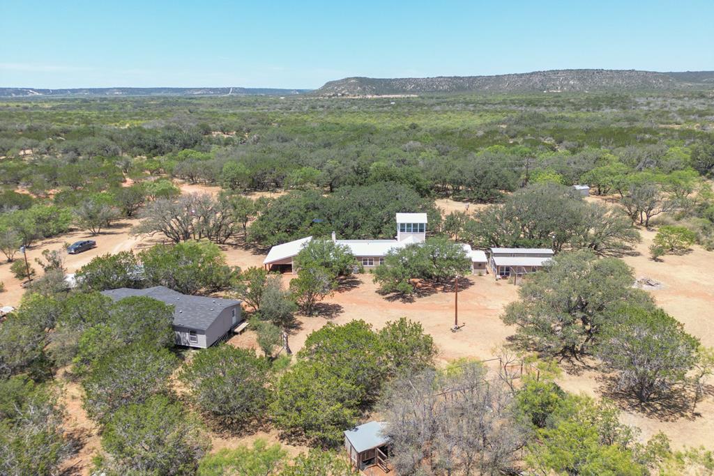 an aerial view of residential houses with outdoor space and trees