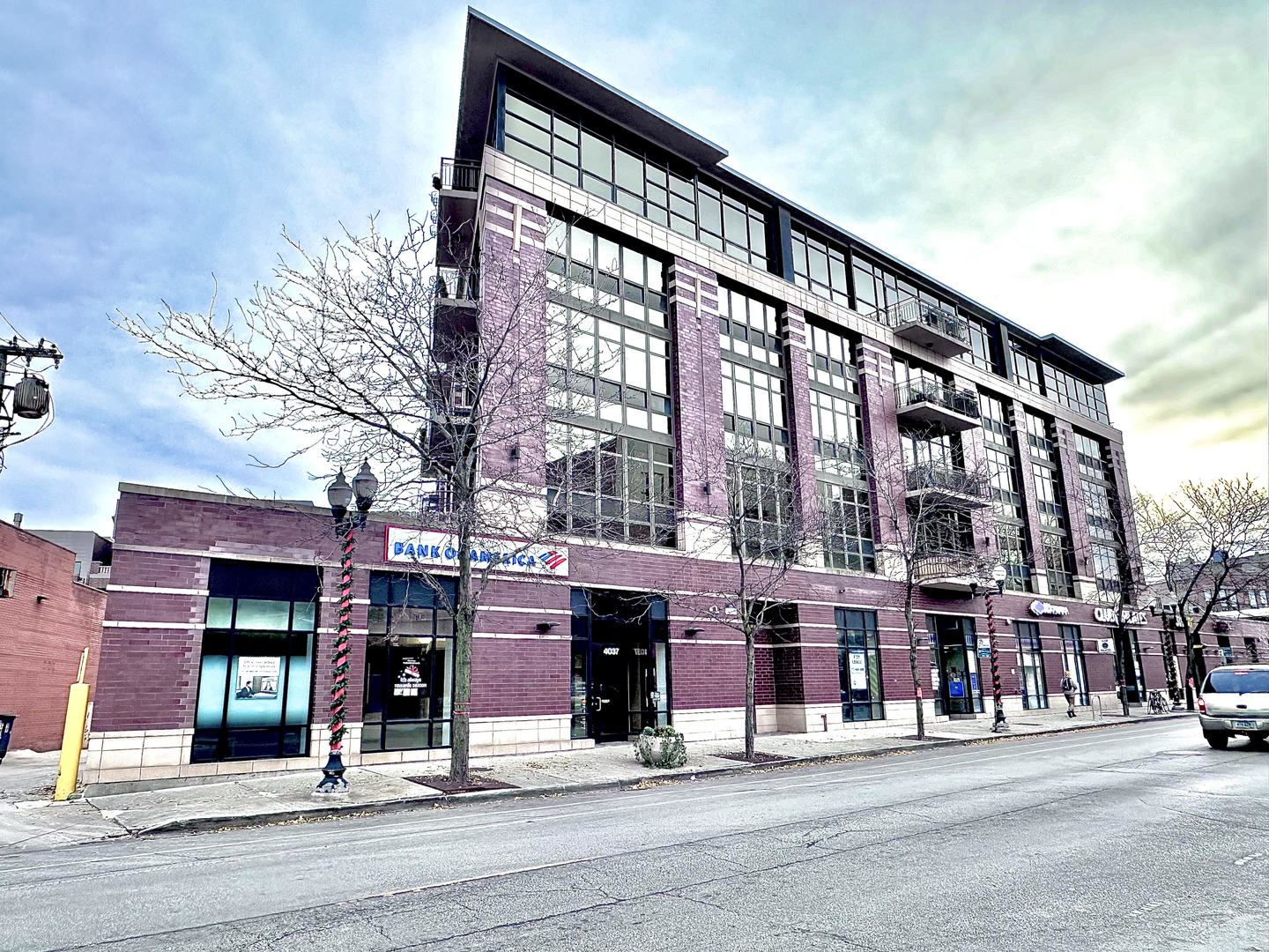 front view of a building and a street