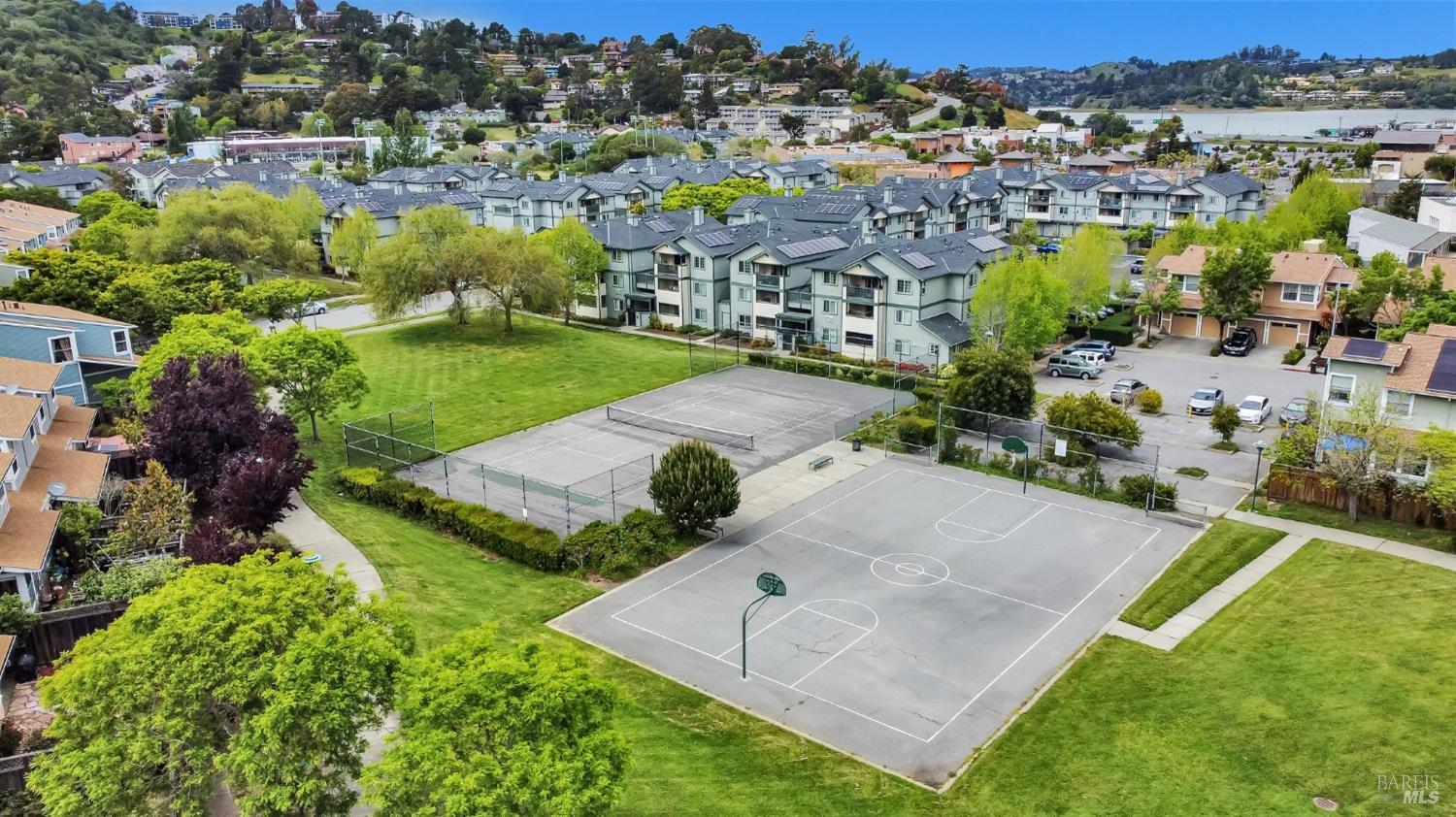 an aerial view of a house with a garden