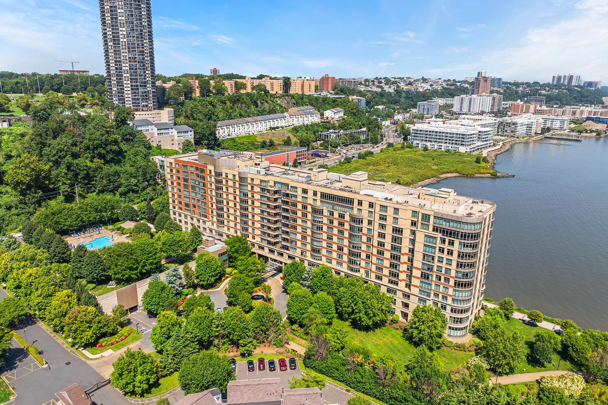 a city view with tall buildings