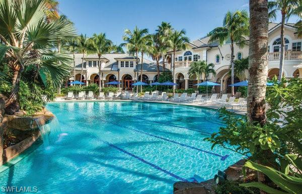 a view of a swimming pool with a garden