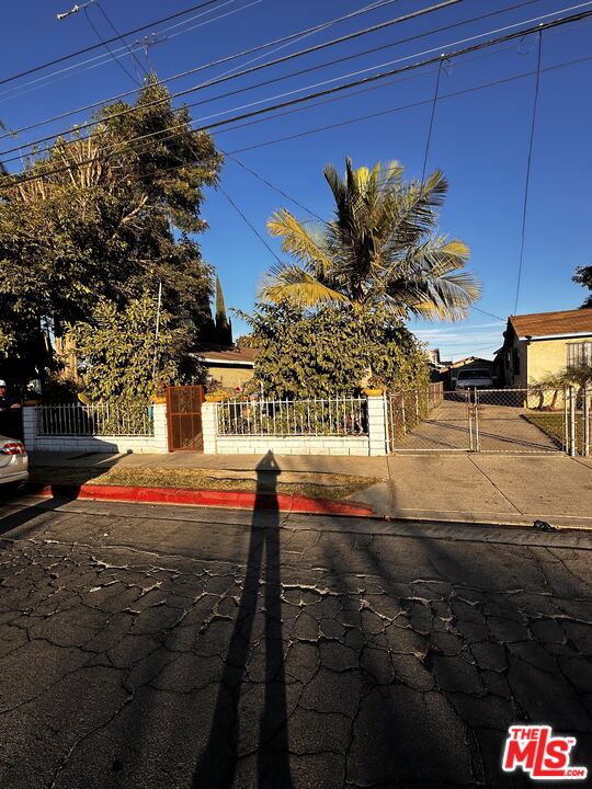 a view of a street with potted plants