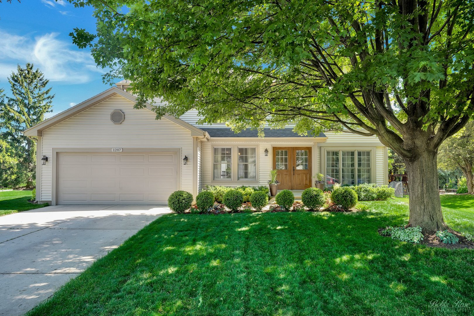 a front view of house with yard and green space