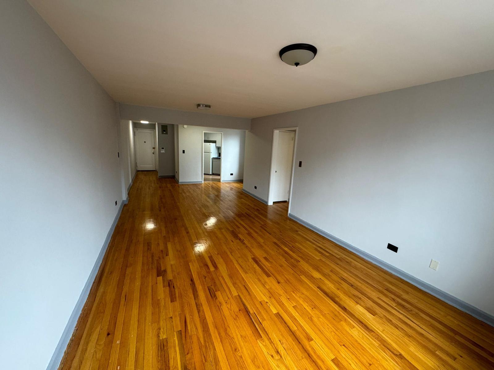 a view of empty room with wooden floor