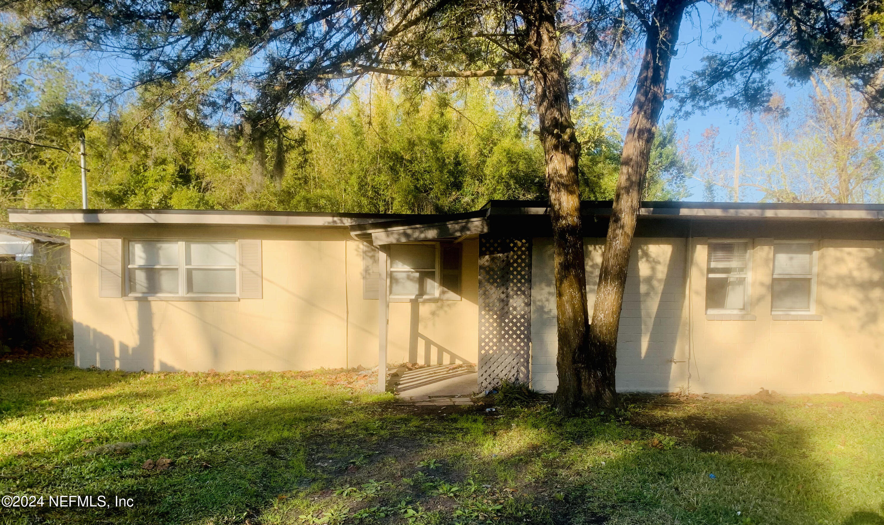 a view of back yard of the house and trees all around