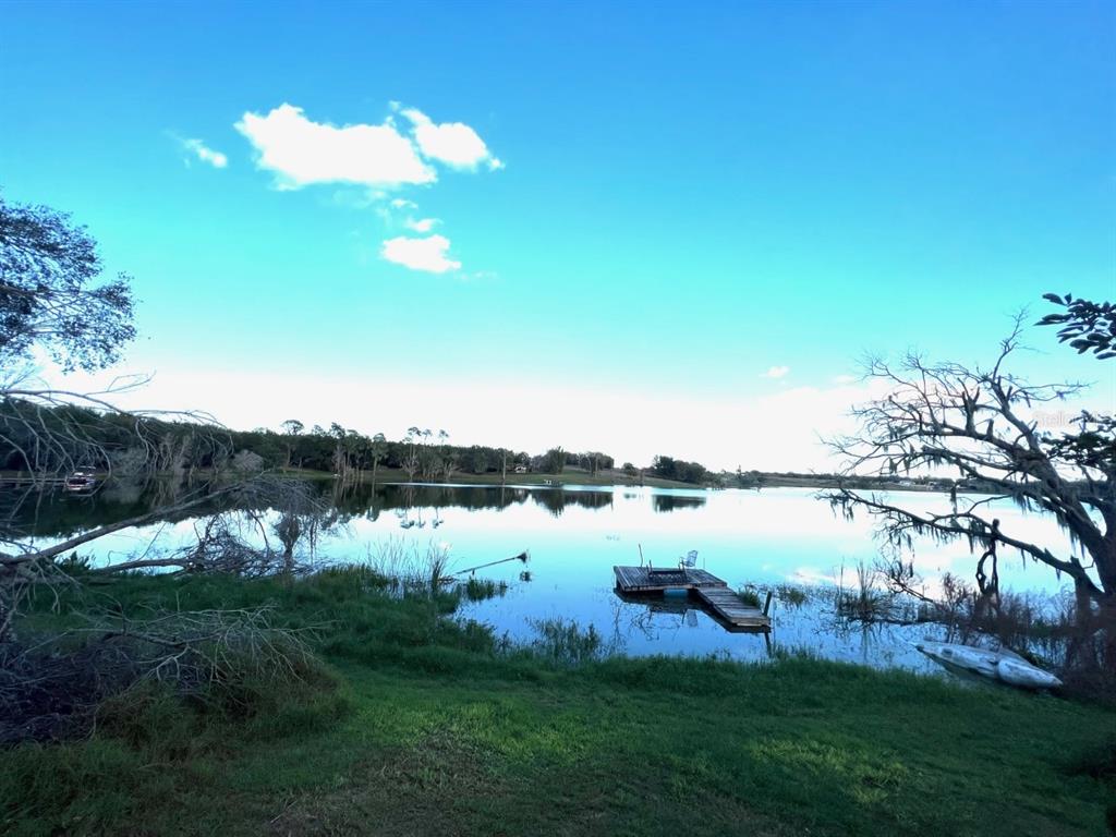 a view of a lake with houses in the back