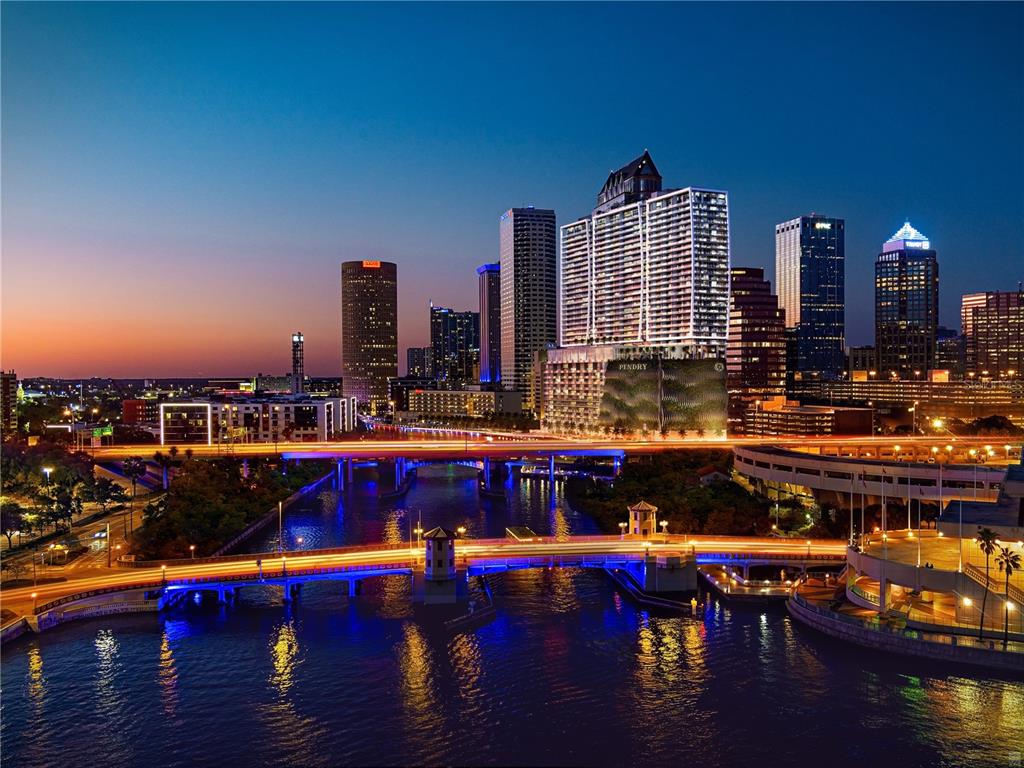 a city view with tall buildings