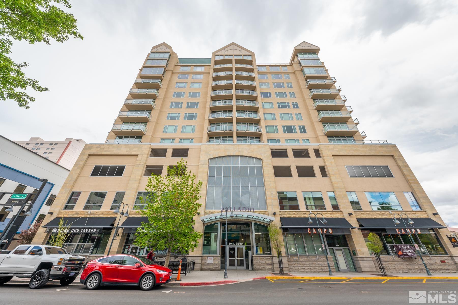 a front view of a multi story building