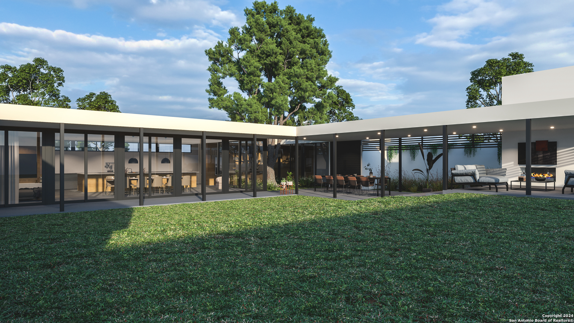 a view of a house with backyard and porch