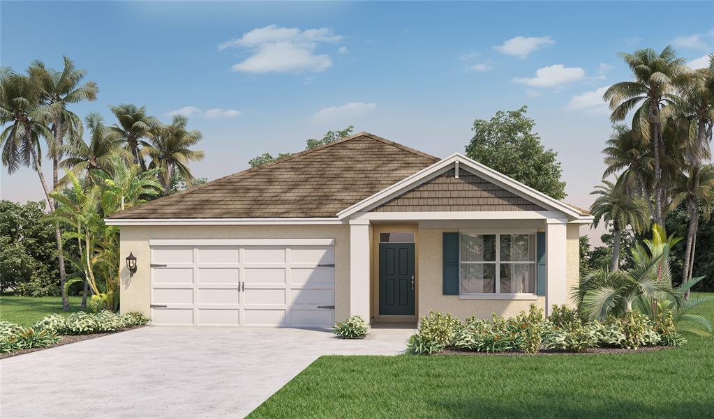 front view of a house with a yard and palm trees