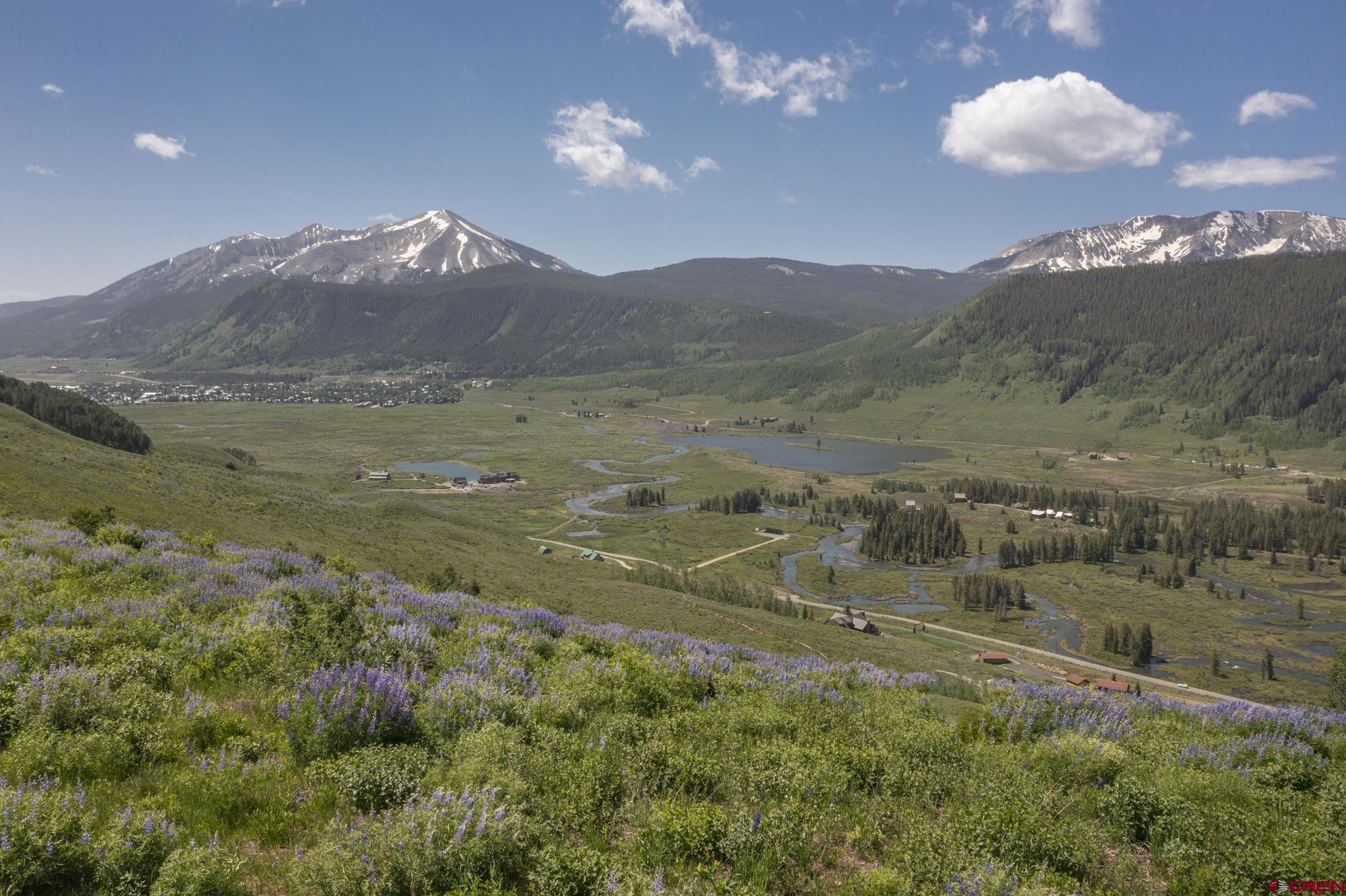 a view of a town with mountains in the background