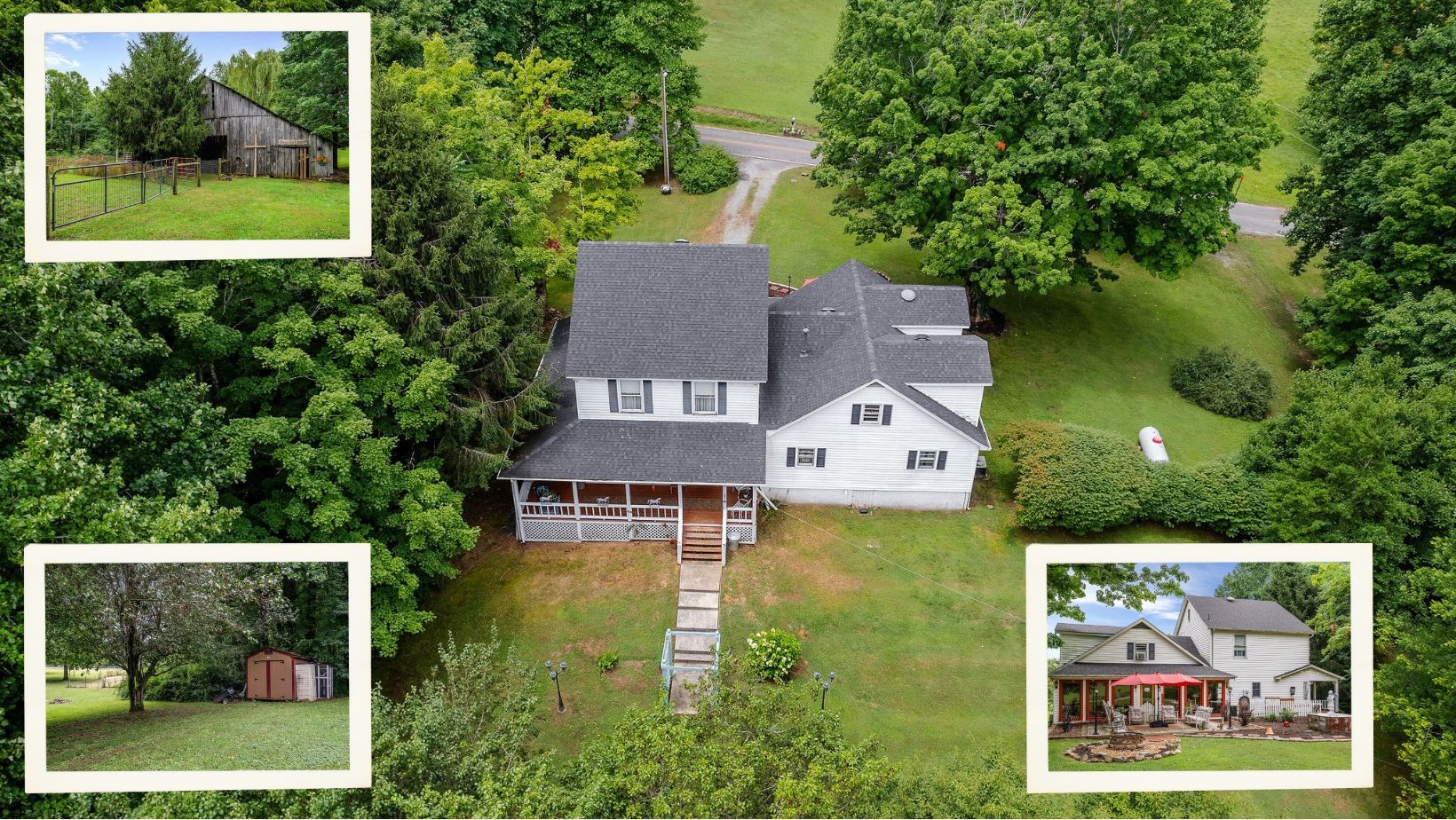 an aerial view of a house with a garden