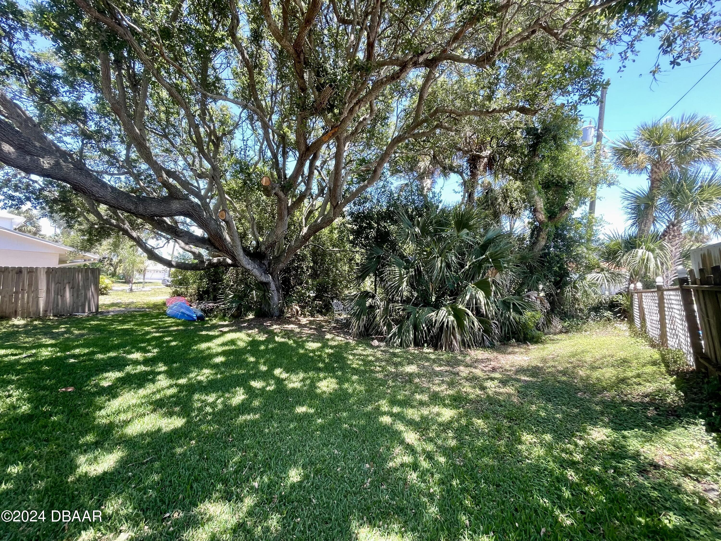 a big yard with lots of green space and house