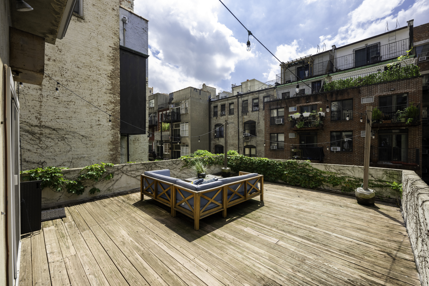 a garden view with a seating space